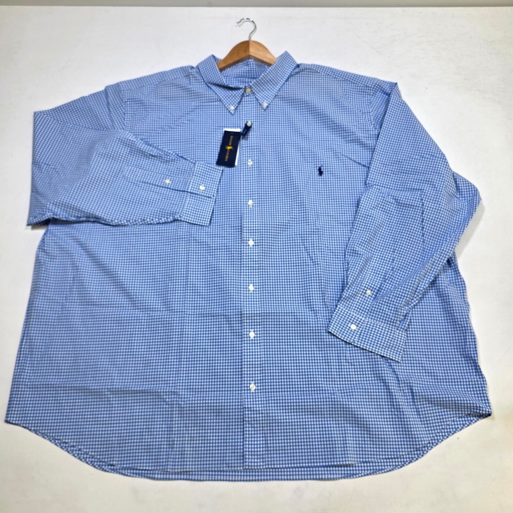Ralph Lauren Button Down Mens 5XB Blue Gingham Stretch Poplin Long Sleeve Shirt